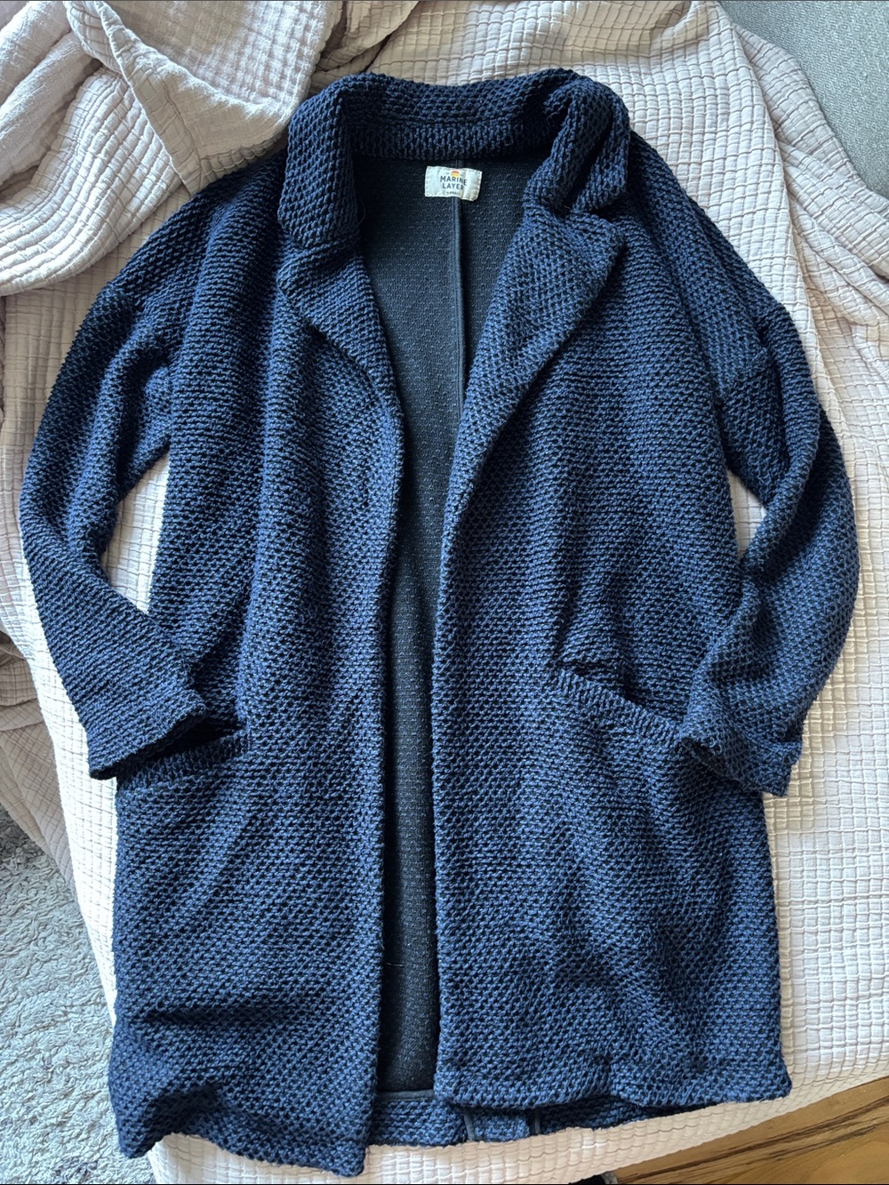 Marine Layer Birdseye Coatigan Navy Open-Front Textured Jacket, lightly worn - Picture 1 of 7